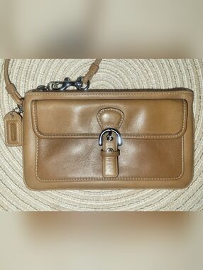 Coach Hampton Leather Wristlet in Tan Brown with Silver Hardware